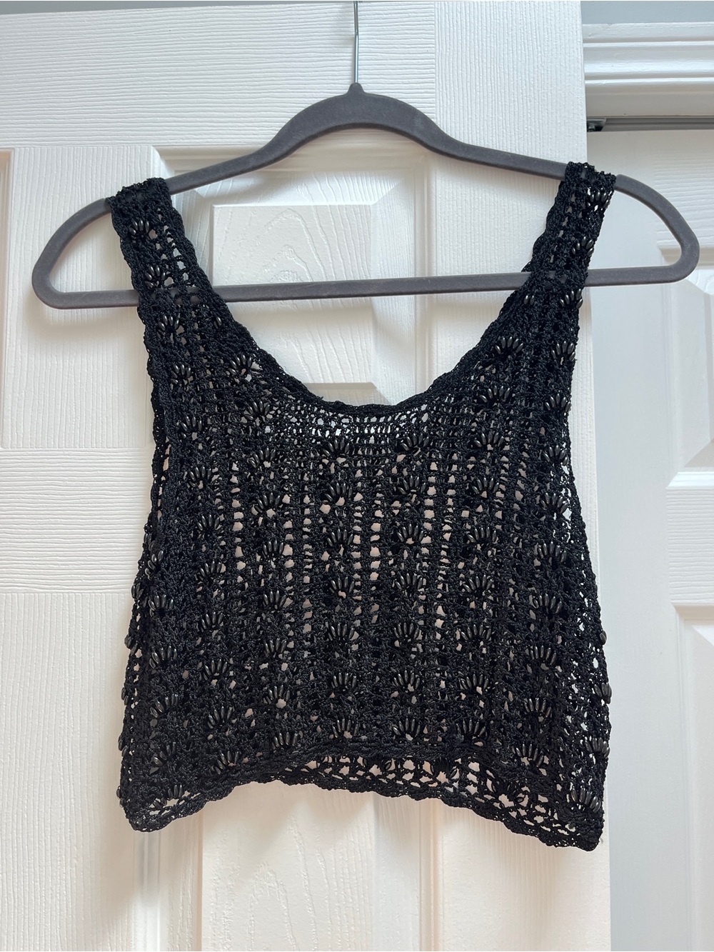 Vintage Black Crochet Tank Top, Small, Beaded Knit Crop Sleeveless, Festival